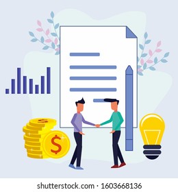 Young entrepreneurs shake hands with each other, make agreements and agreements. Success in business, economic growth, financial consulting. Modern vector illustration