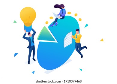 Young entrepreneurs work with charts and profit diagrams. 3D isometric. Concept for web design.