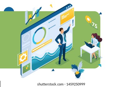 Young entrepreneurs are working on data analysis. Concept work with graph Research. 3d isometric Concept for web design