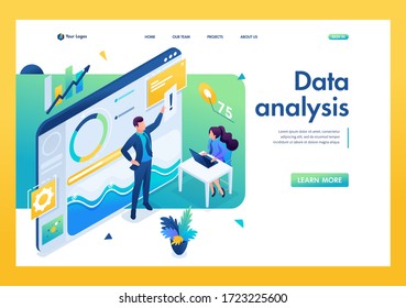 Young entrepreneurs are working on data analysis. Work with graph Research. 3D isometric. Landing page concepts and web design.