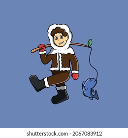 young eskimo bringing fish from fishing cartoon vector illustration