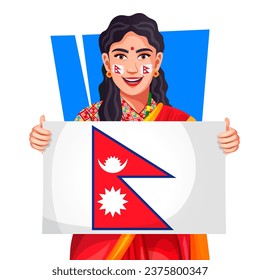 Young ethnic Nepalese woman standing and holding the Nepal flag as a symbol of Pride and Patriotism. Stock vector character for Independence or Republic Day.