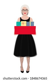 A young European girl with blonde hair smiles and holds boxes of Christmas and new year gifts in her hands. Vector stock flat illustration isolated on a white background.