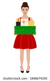 A young European girl with brown hair smiles and holds boxes of Christmas and new year gifts in her hands. Vector stock flat illustration isolated on a white background.