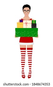 A young European girl dressed as Santa's assistant smiles and holds boxes of Christmas and new year gifts in her hands. Vector stock flat illustration isolated on a white background.