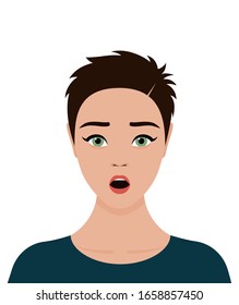 A young European girl with short brown hair with surprise on her face. Vector flat stock illustration, avatar on a transparent background