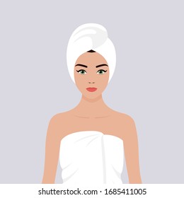 Young European girl wrapped in a towel, with a towel on her head. Vector stock flat illustration