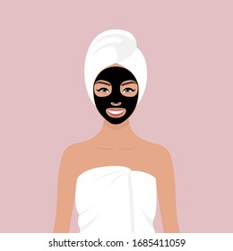 A young European girl wrapped in a towel, with a towel on her head, with a black cosmetic mask on her face. Vector stock flat illustration