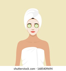 A young European girl wrapped in a white towel, with a towel on her head, a mask on her face and round slices of cucumber in her eyes. Vector stock flat illustration