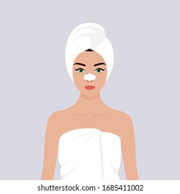 A young European girl wrapped in a white towel, with a towel on her head, with a cleansing strip on her nose. Vector stock flat illustration