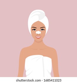 A young European girl wrapped in a white towel, with a towel on her head, with a cleansing strip on her nose. Vector stock flat illustration