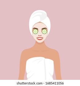A young European girl wrapped in a white towel, with a towel on her head, a mask on her face and round slices of cucumber in her eyes. Vector stock flat illustration