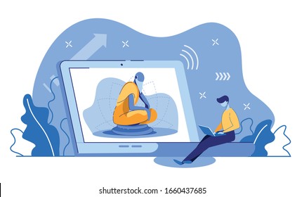 Young European Man with Laptop Sitting at Huge Computer with Image of Buddhism Guru in Lotus Posture on Screen. Distant Learning, Self Education, Spiritual Development Cartoon Flat Vector Illustration