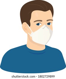 Young european white man wearing mask against the corona virus covid 19 white guy in respirator, three-quarter portrait.