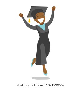 Young excited african-american graduate in graduation cap and cloak jumping. Female graduate celebrating with hands raised. Vector cartoon illustration isolated on white background. Square layout.