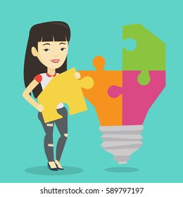 Young excited asian student takes apart idea light bulb made of puzzle. Happy student standing near the idea bulb. Smiling student having great idea. Vector flat design illustration. Square layout.