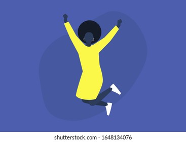 Young excited black female character jumping and expressing positive emotions, having fun, good vibe