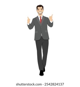 Joven hombre de negocios emocionado vestido con ropa formal mostrando el pulgar hacia arriba signo. Ilustración vectorial plana aislada sobre fondo blanco