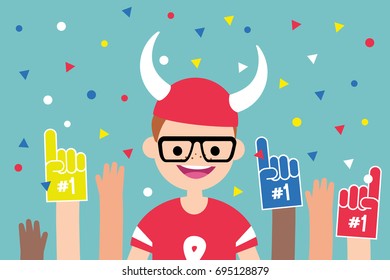 Young excited character wearing football uniform surrounded by a crowd of fans / flat editable vector illustration, clip art