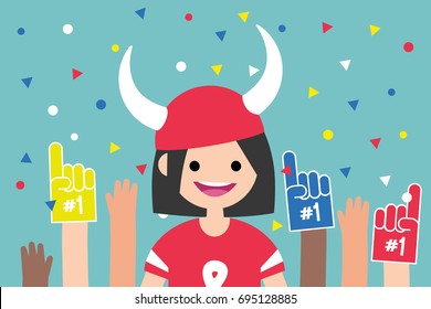 Young excited character wearing football uniform surrounded by a crowd of fans / flat editable vector illustration, clip art