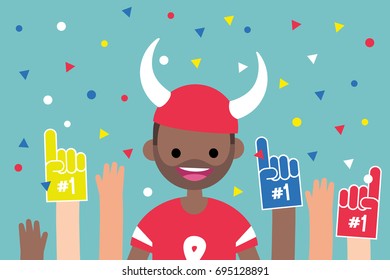 Young excited character wearing football uniform surrounded by a crowd of fans / flat editable vector illustration, clip art