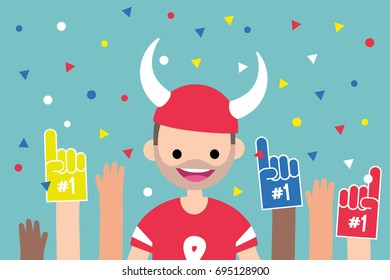 Young excited character wearing football uniform surrounded by a crowd of fans / flat editable vector illustration, clip art