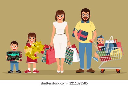 Young and excited family standing together shopping with purchases in hands, cartoon flat design, vector illustration set