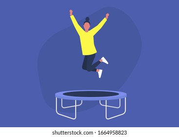 Young excited female character jumping on a trampoline and expressing positive emotions, having fun, good vibe