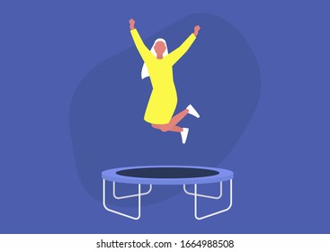 Young excited female character jumping on a trampoline and expressing positive emotions, having fun, good vibe