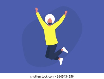 Young excited indian male character jumping and expressing positive emotions, having fun, good vibe