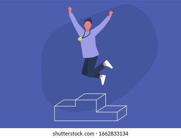 Young excited male character jumping on a pedestal, winner concept