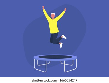 Young excited male character jumping on a trampoline and expressing positive emotions, having fun, good vibe