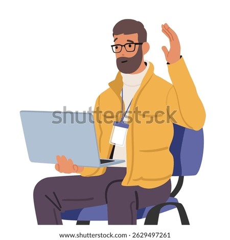 Young excited man computer geek cartoon character in eyeglasses holding laptop computer having idea sitting with raised hand ready to ask question vector illustration isolated on white background