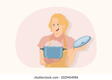 Young excited surprised chef cook baker woman hold stainless pot concept