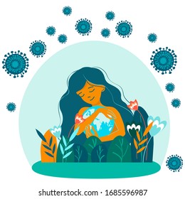 Young excited woman holds the globe in her hands, protects the planet from a pandemic. Hope for recovery and happiness. Vector illustration on white background, coronavirus pandemic concept