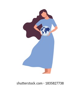 Young excited woman holds the globe in her hands, protects the planet from a pandemic. Hope for recovery and happiness. Vector illustration on white background, coronavirus pandemic concept