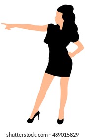 young excited woman point finger showing something
