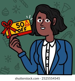 Young executive black woman smiling and holding a Christmas discount voucher
