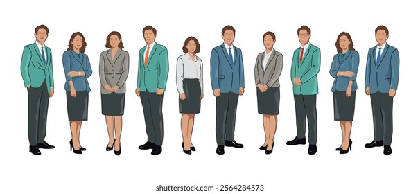 Young executive businessman collection, standing in formal posture, vector illustration.