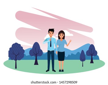 Young executive man and woman couple smiling and greeting cartoon in nature outdoors park scenery vector illustration graphic design.