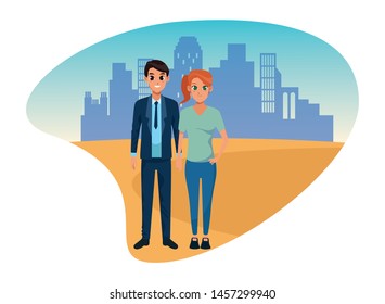 Young executive man and woman couple smiling and greeting cartoon in the city urban scenery vector illustration graphic design.