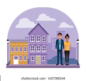 Young executive man and woman couple smiling and greeting cartoon in city neighborhood scenery with houses vector illustration graphic design.