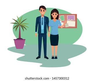 Young executive man and woman couple smiling and greeting cartoon inside office with plant pot and corkboard vector illustration graphic design.