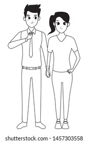Young executive man and woman couple smiling and greeting cartoon vector illustration graphic design