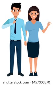 Young executive man and woman couple smiling and greeting cartoon vector illustration graphic design