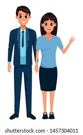 Young executive man and woman couple smiling and greeting cartoon vector illustration graphic design