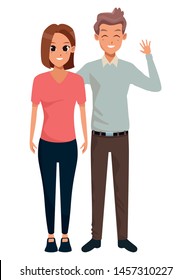 Young executive man and woman couple smiling and greeting cartoon vector illustration graphic design