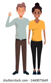 Young executive man and woman couple smiling and greeting cartoon vector illustration graphic design