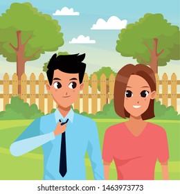 Young executive man and woman couple smiling and greeting cartoon in the garden scenery background ,vector illustration graphic design.