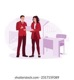 Young executive talking to an employee using laptop in office. Trend Modern vector flat illustration.